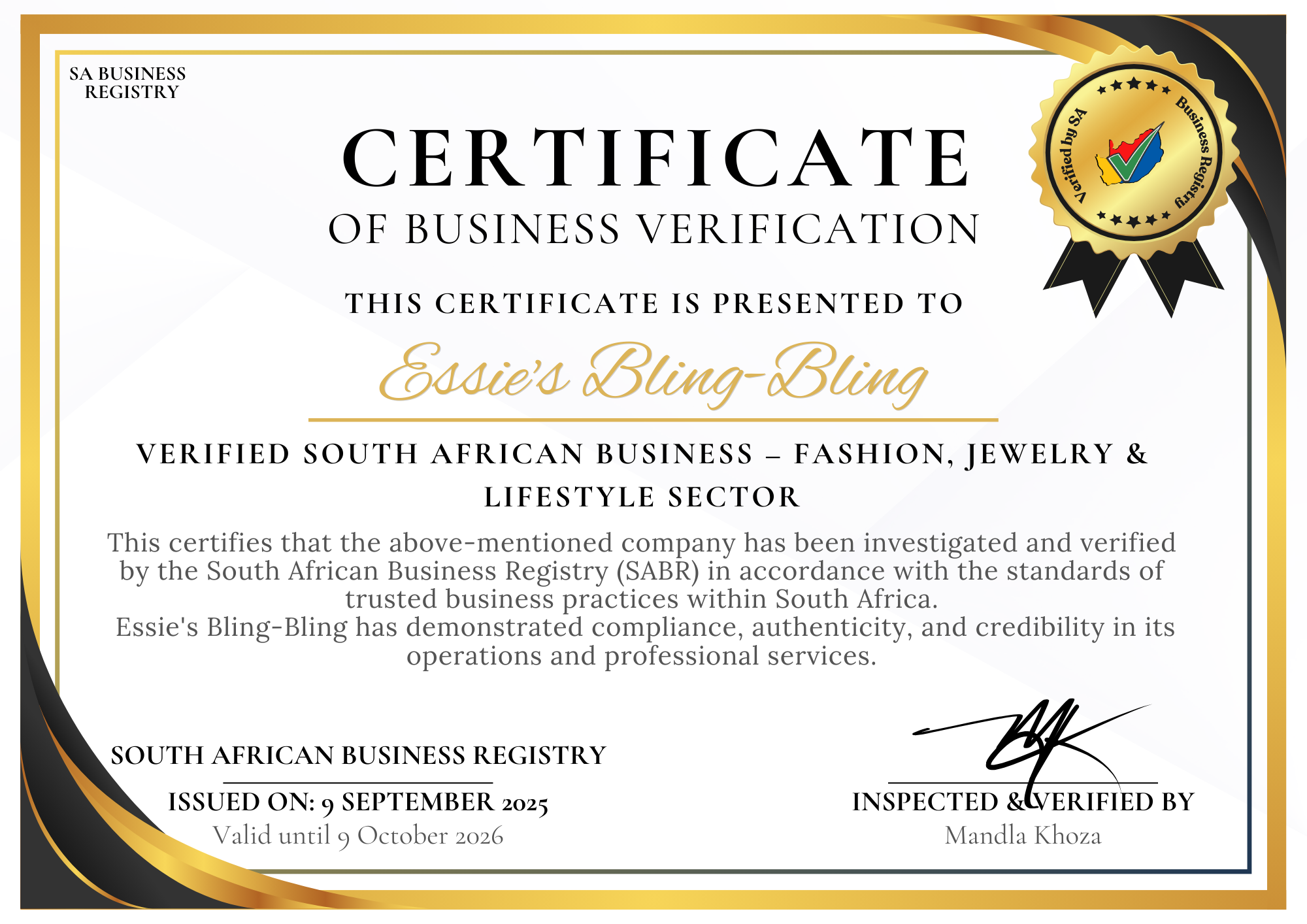 Essie’s Bling-Bling verified certificate from South African Business Registry (SABR) for Fashion, Jewelry & Lifestyle sector