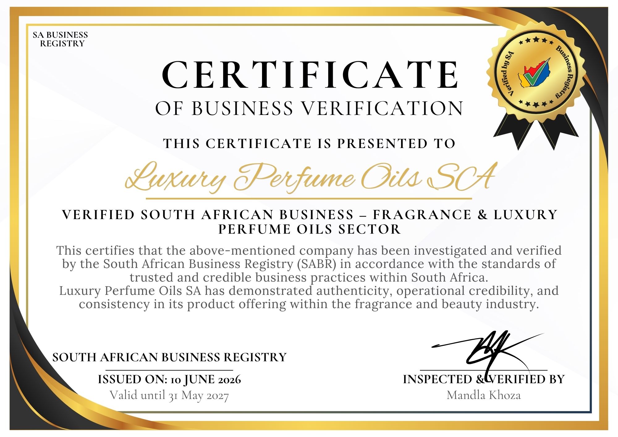 Luxury Perfume Oils Sa Certificate Of Business Verification