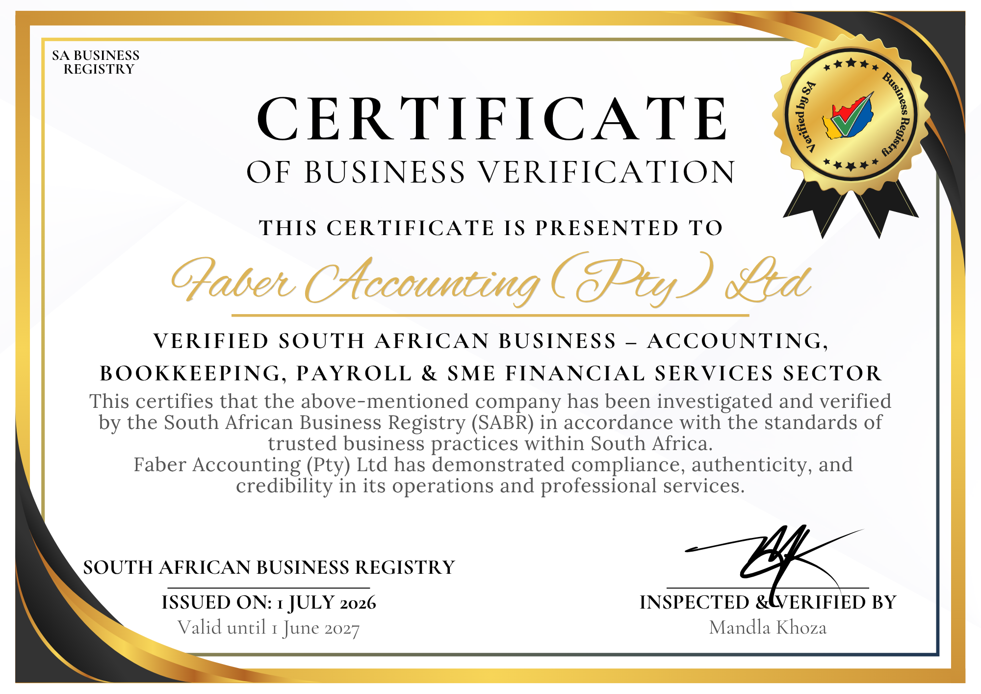 Faber Accounting business registration certificate confirming the accounting business registration details in South Africa