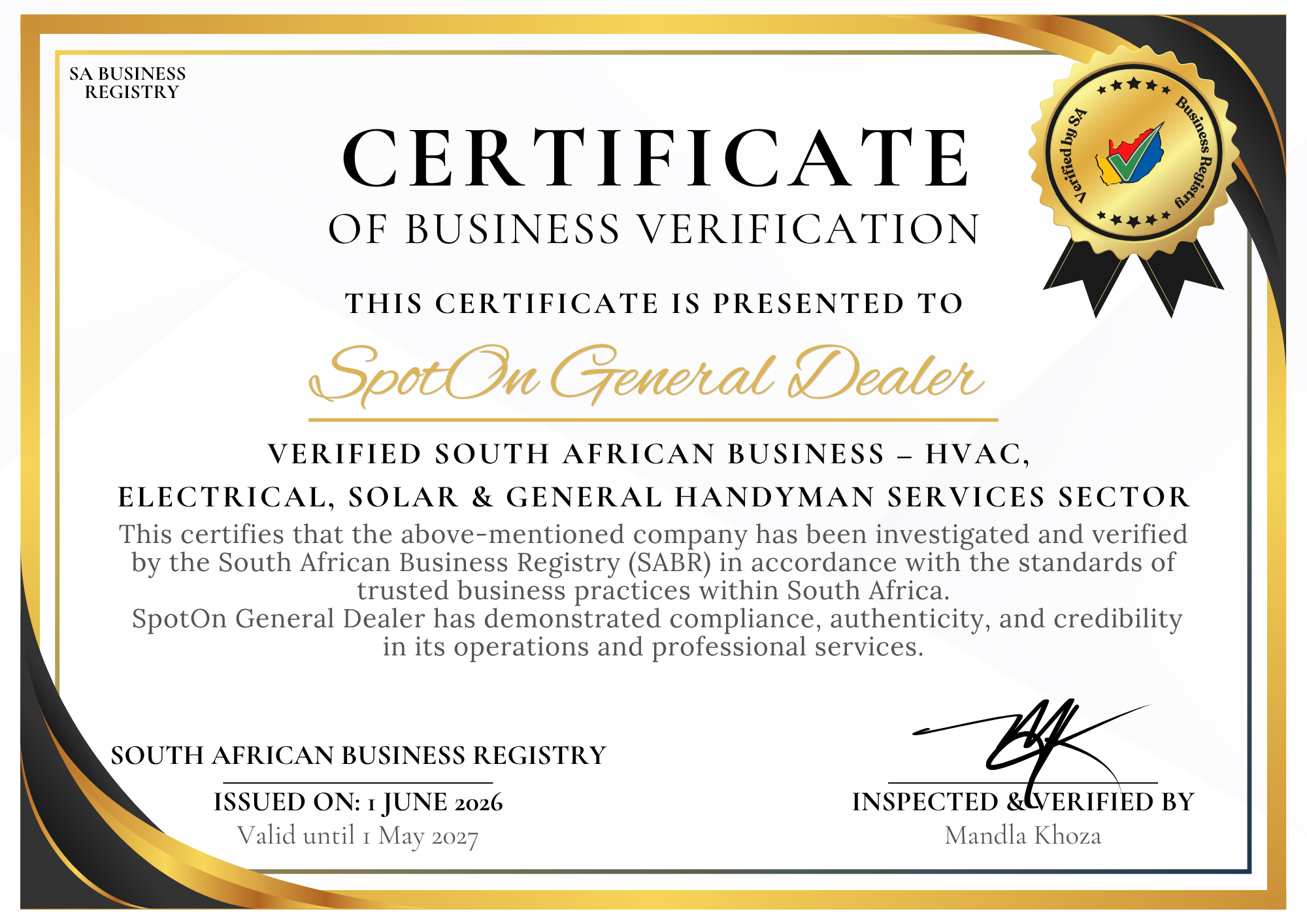 SpotOn General Dealer business registration certificate confirming the company’s official registration details in South Africa